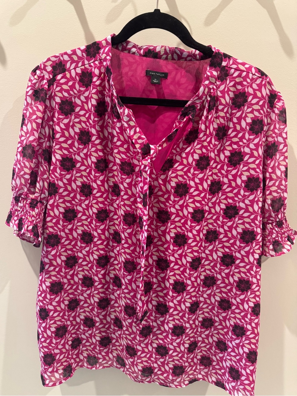 Ann Taylor Pink Floral Tie-Neck Blouse